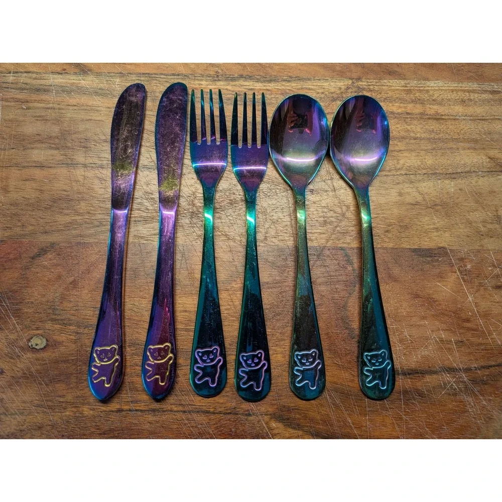 Rainbow Iridescent Teddy Bear Flatware‎ Set 6pc Stainless Steel 18/0 Oil Slick